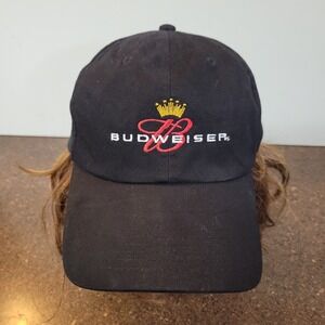 Vtg Budweiser Beer Baseball Cap Mens Black Anheuser-Busch Adjustable Strap Hat